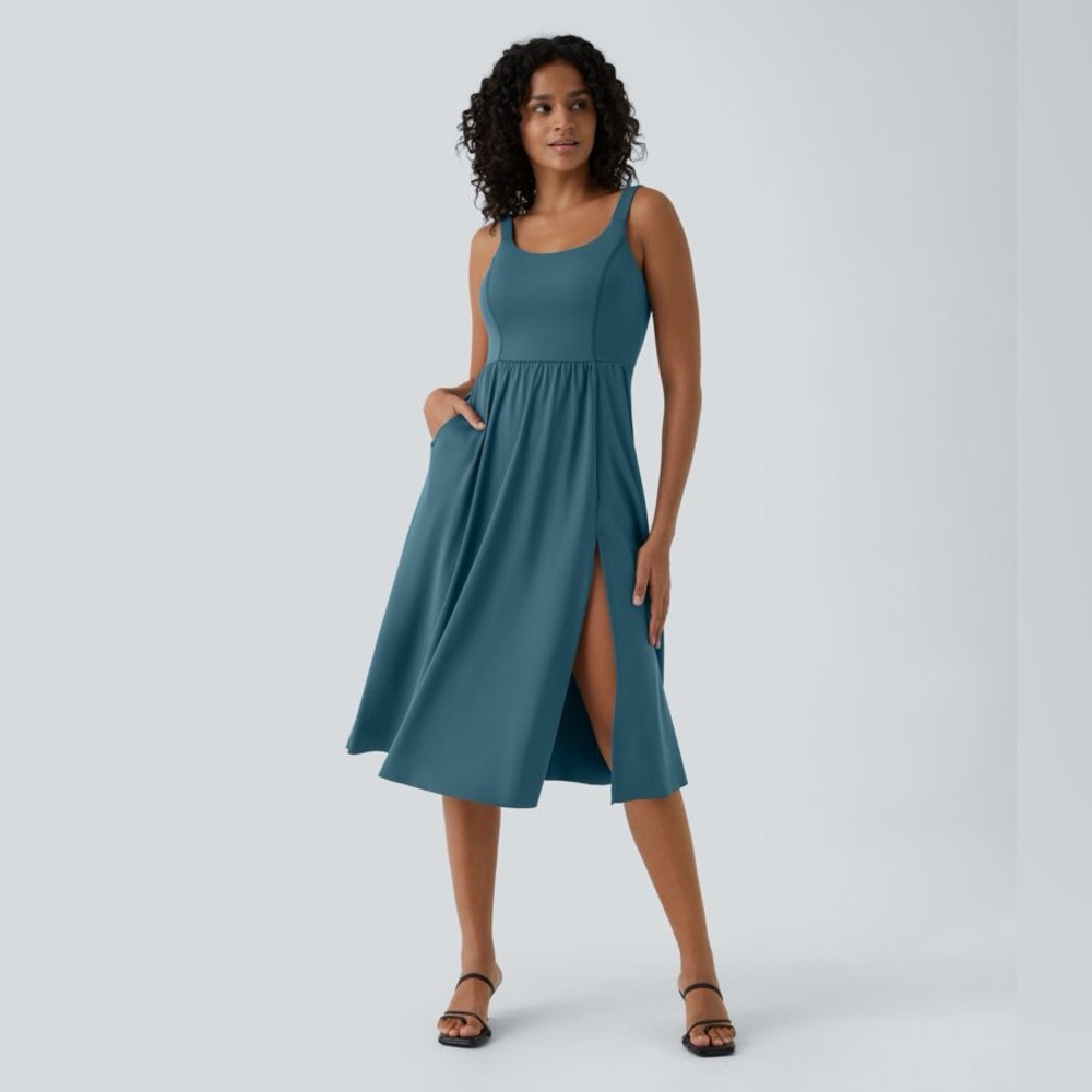 Women’s Teal Sleeveless Midi Dress with Side Slit